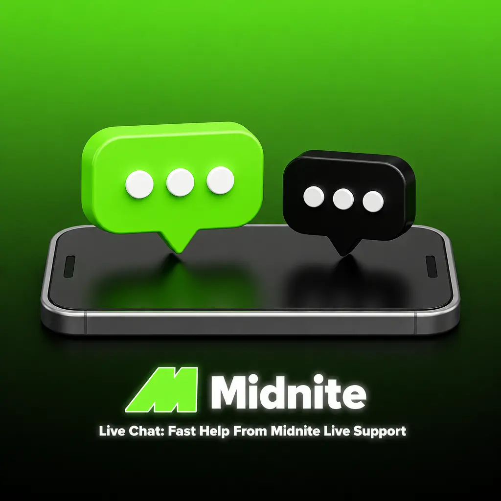 Midnite live chat icon on website and app offering fast 24/7 customer support for account and bonus queries.