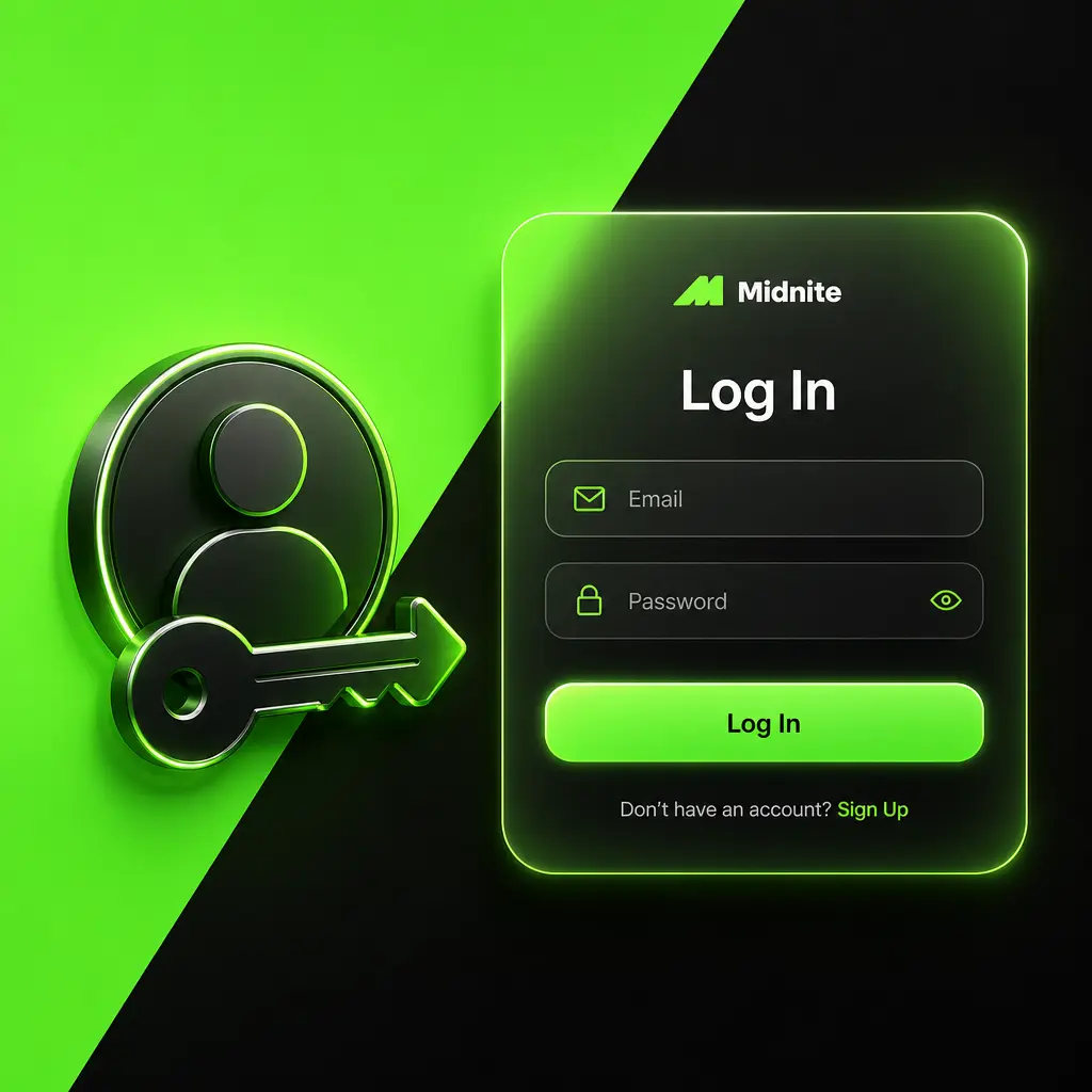 Screenshot showing how to log in to your Midnite account by entering email, password and verification details