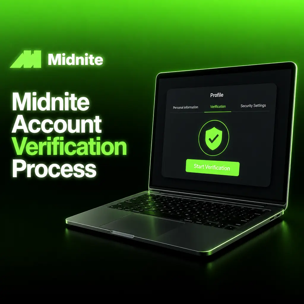Midnite account verification steps: submit ID, confirm address, automatic check, manual review, and email confirmation for withdrawals.