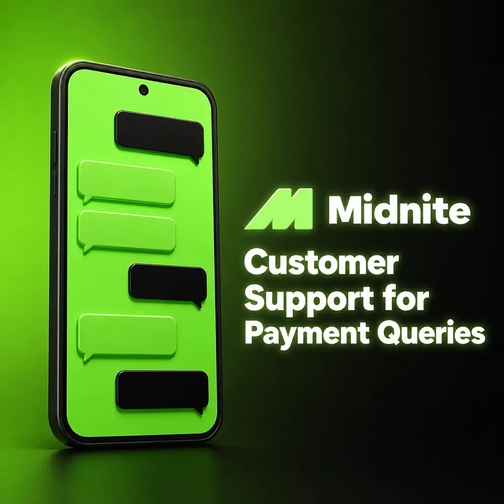 Midnite customer support options for UK players' payment queries, including live chat, email, Help Centre, and social media.