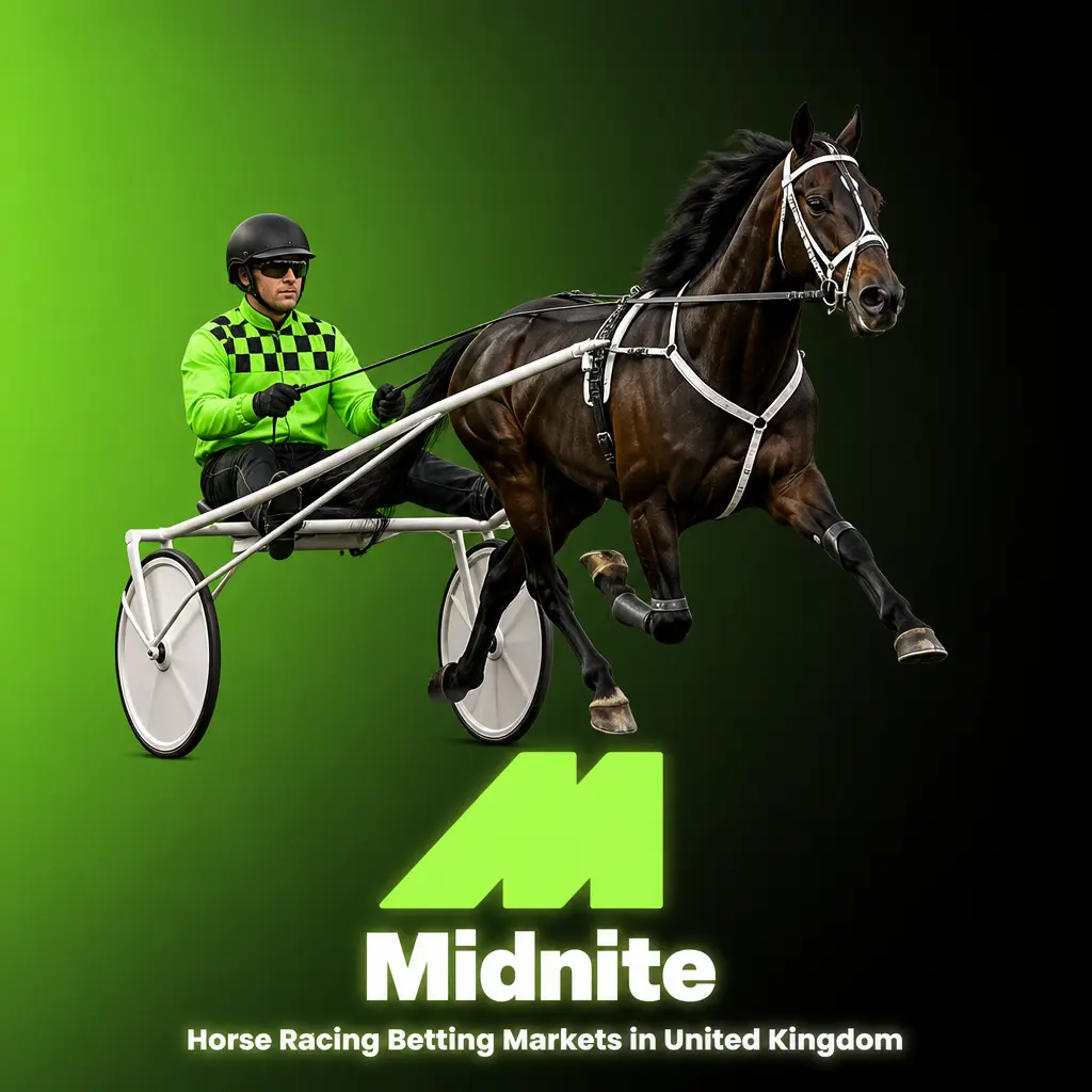 Horse racing betting markets on Midnite UK, showing win, place, show, exacta, trifecta and each-way options for races.