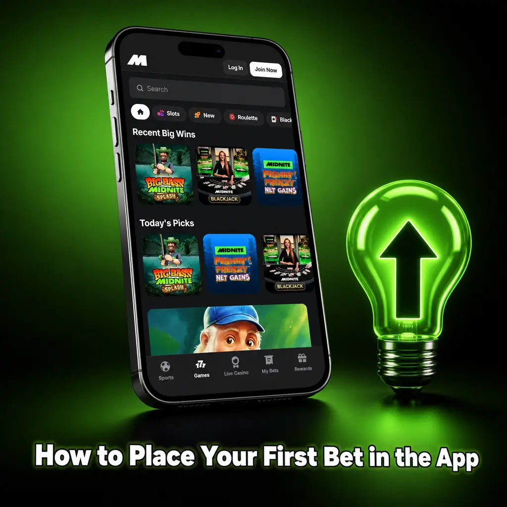 Step-by-step guide showing how to deposit funds, pick a market, and place your first bet in the Midnite app