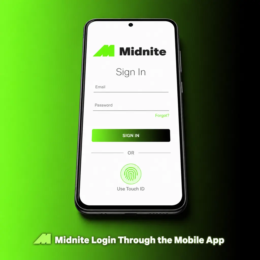Midnite mobile app login screen showing email, password fields and Face ID or Touch ID biometric access option