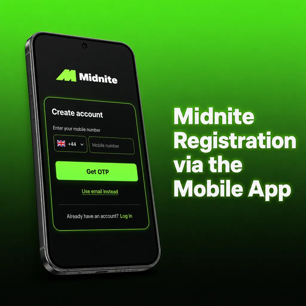 Midnite mobile app registration screen showing steps to sign up via email or UK mobile number with verification
