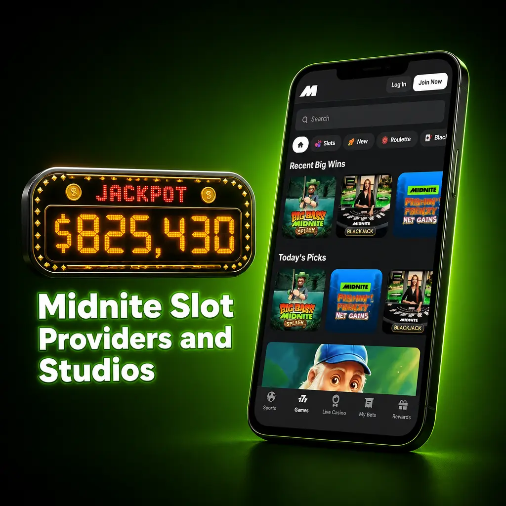 Midnite slot providers including NetEnt, Pragmatic Play, Play'n GO, Hacksaw Gaming and more, showing game counts per studio
