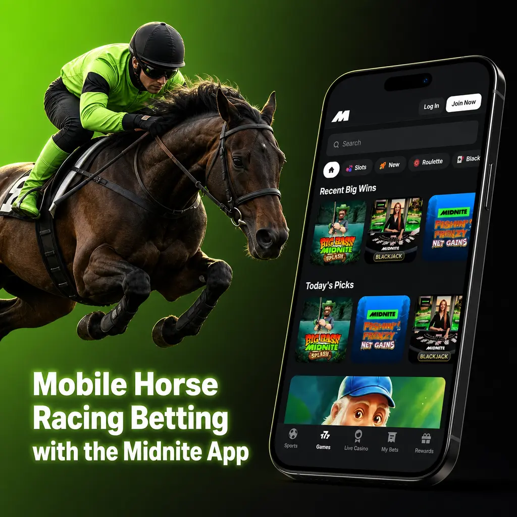 Midnite app screen showing UK horse racing cards with Win, Place and Each-Way betting options for mobile users.